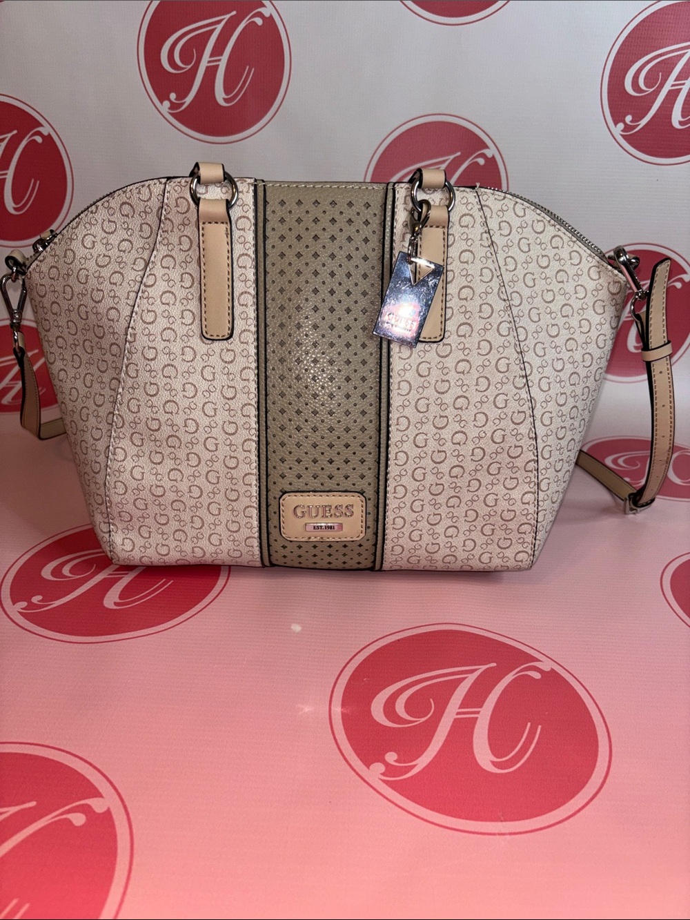 GUESS Cream and Tan Satchel Bag